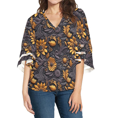 Woodcut Women Puff Sleeve Blouse white