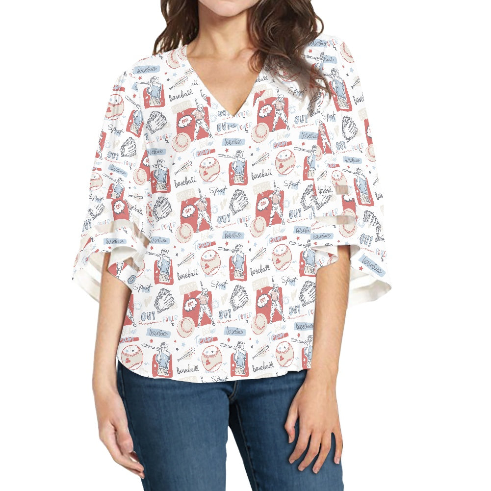 Baseball Women Puff Sleeve Blouse white