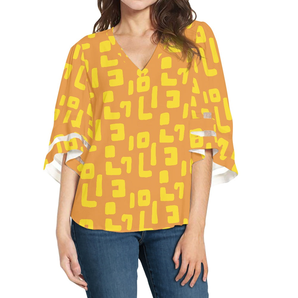 Yellow and Orange Mudcloth Women Puff Sleeve Blouse white