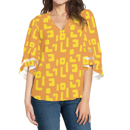 Yellow and Orange Mudcloth Women Puff Sleeve Blouse white