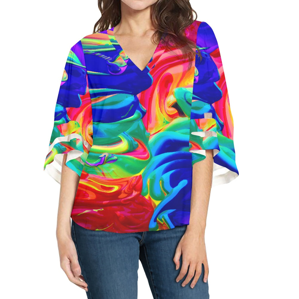 Rainbow Confusion Women Puff Sleeve Blouse white