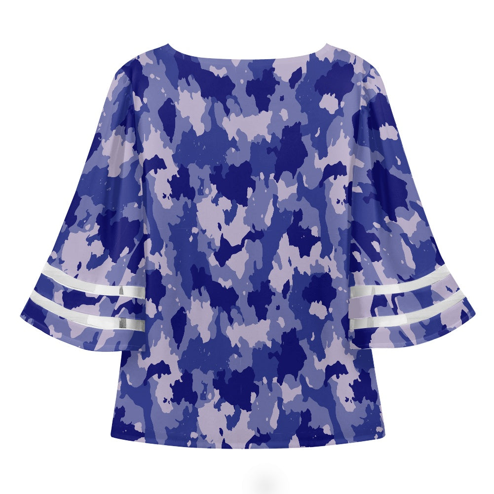 Blue Camo Women Puff Sleeve Blouse