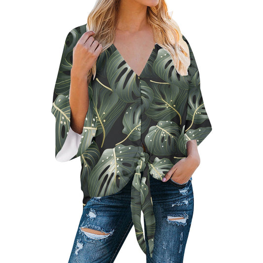 Green Monstera V-Neck Streamer Chiffon Blouse white