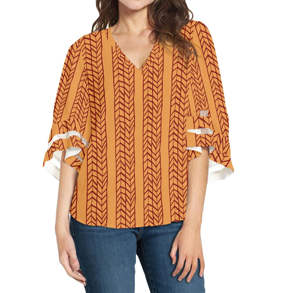 African Mudcloth Women Puff Sleeve Blouse white