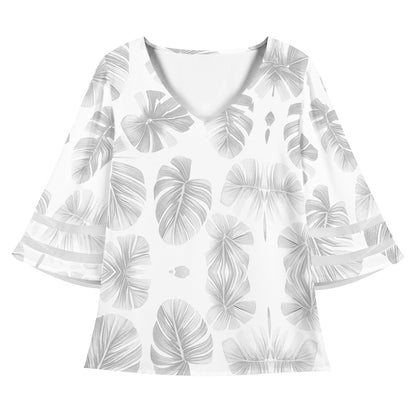 White Monstera Women Puff Sleeve Blouse