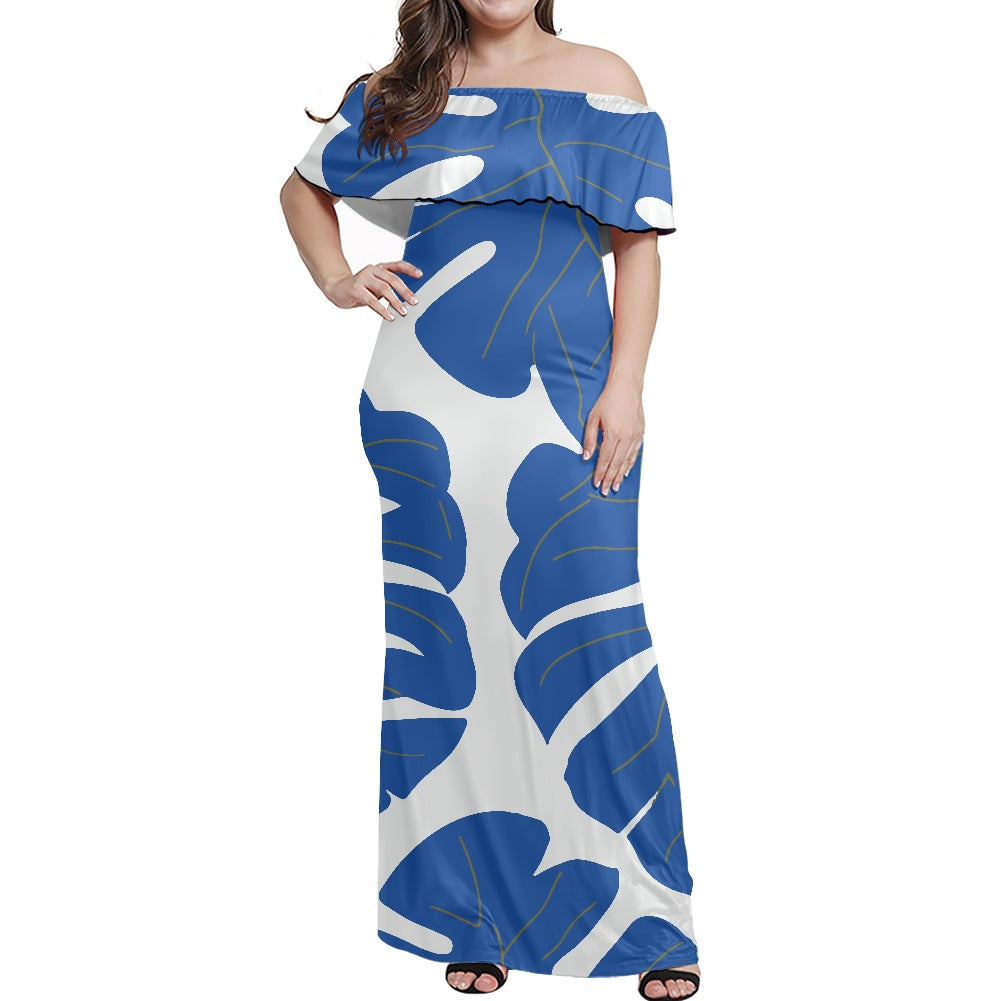 Women's Off-Shoulder Maxi Dress, Tropical Print, Elegant Summer Evening Wear, Luxtrini Designer Gown, Women's Off Shoulder  dress