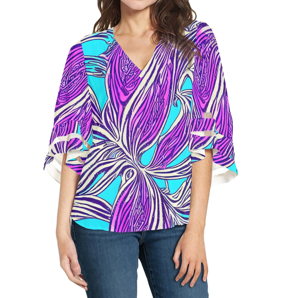 Purple and Blue Women Puff Sleeve Blouse white