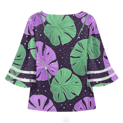 Pink and Green Monstera Women Puff Sleeve Blouse