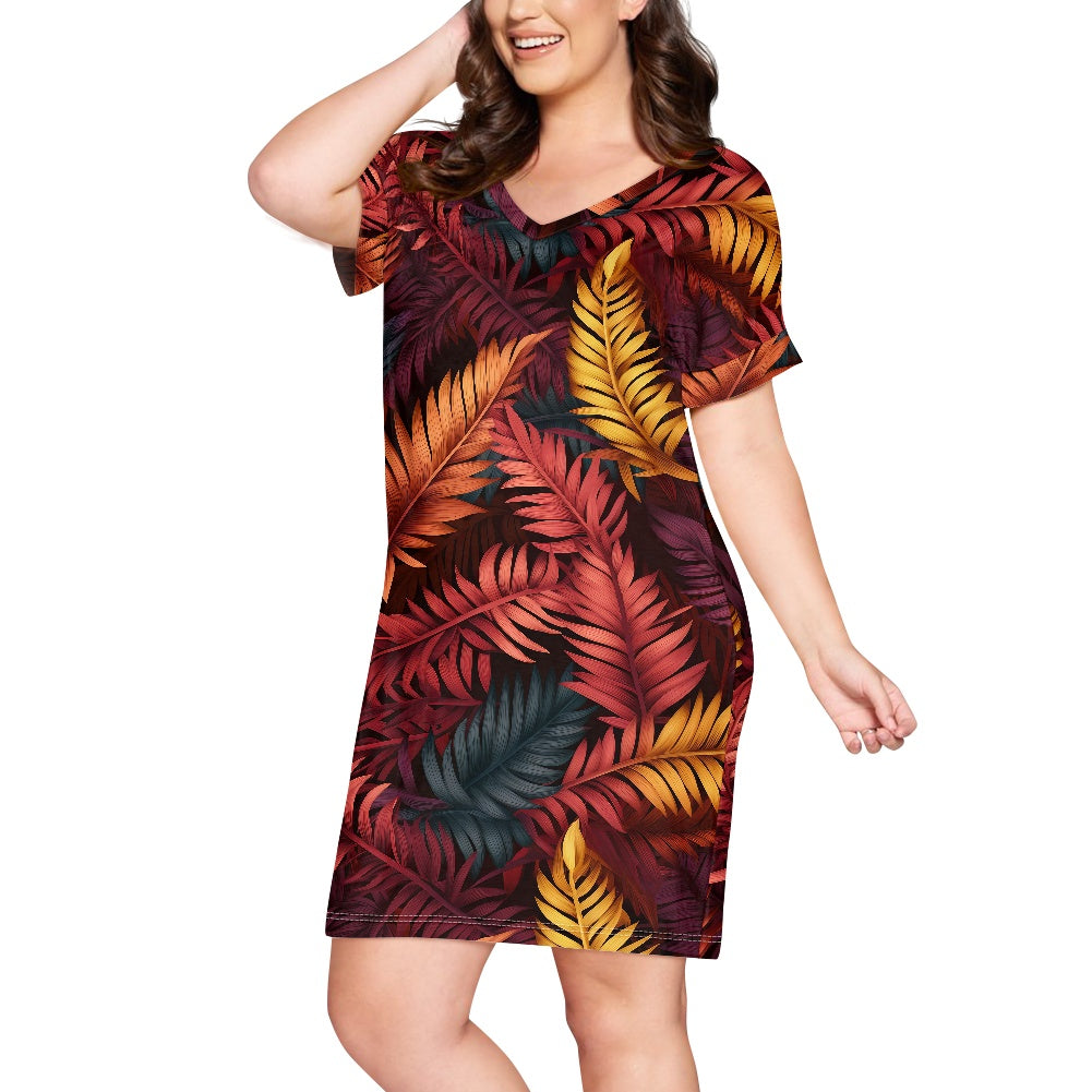 Red and Gold Fern Short Sleeve Dress