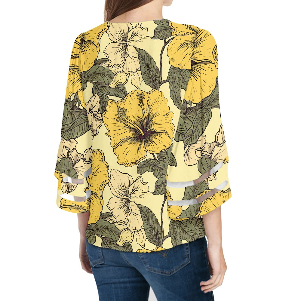 Yellow Hibiscus Women Puff Sleeve Blouse