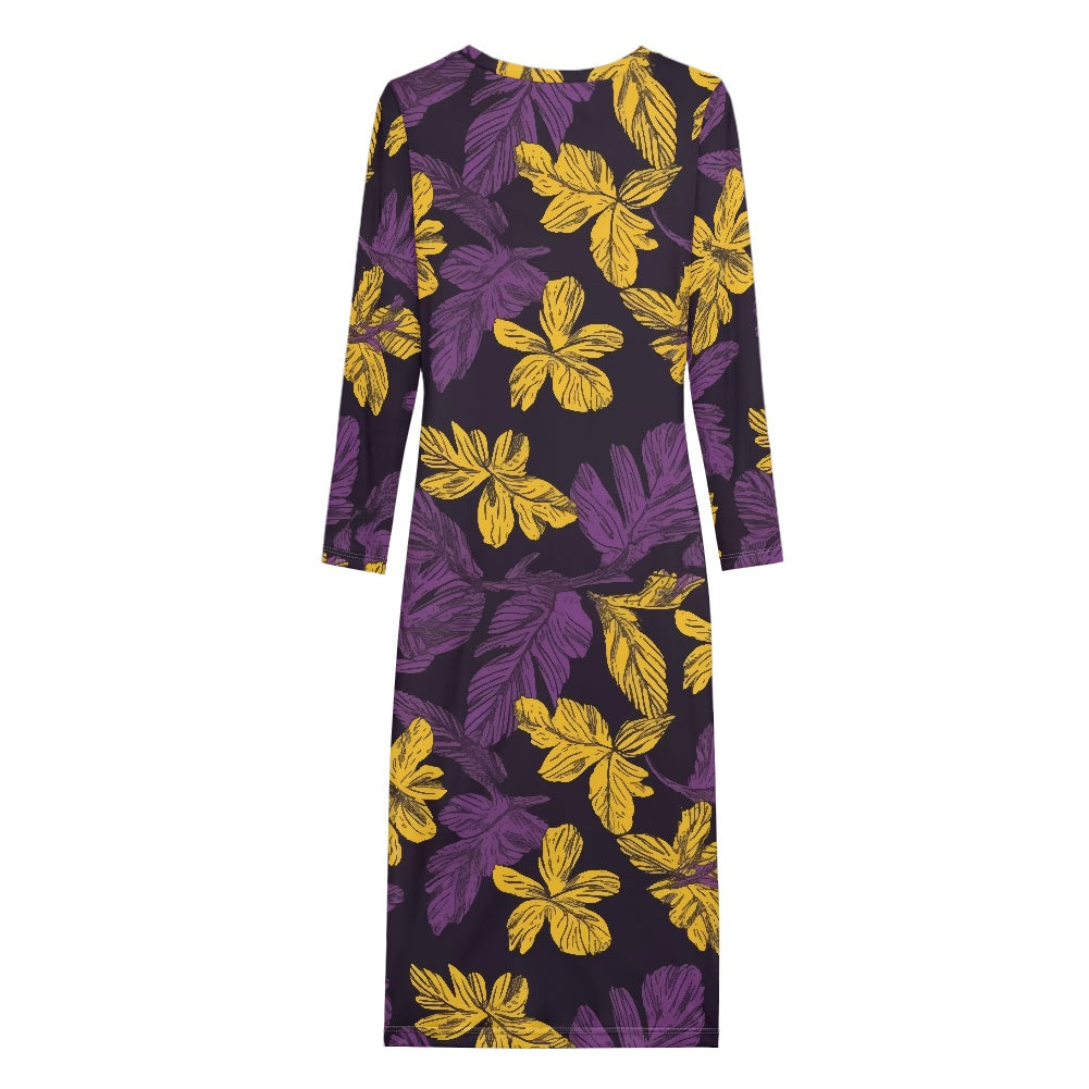 Gold Laua'e Leave on Purple, Women Bodycon Midi Sheath Dress - up to 7XL