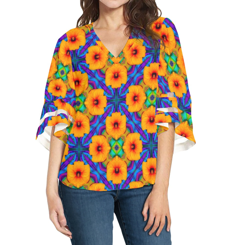 Hibiscus Array Women Puff Sleeve Blouse white