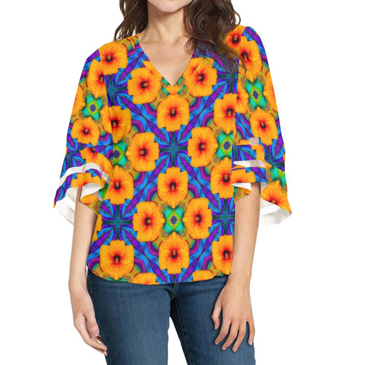 Hibiscus Array Women Puff Sleeve Blouse white