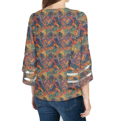 Dragon and Phoenix Women Puff Sleeve Blouse