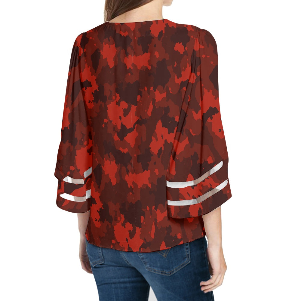 Red Camo Women Puff Sleeve Blouse