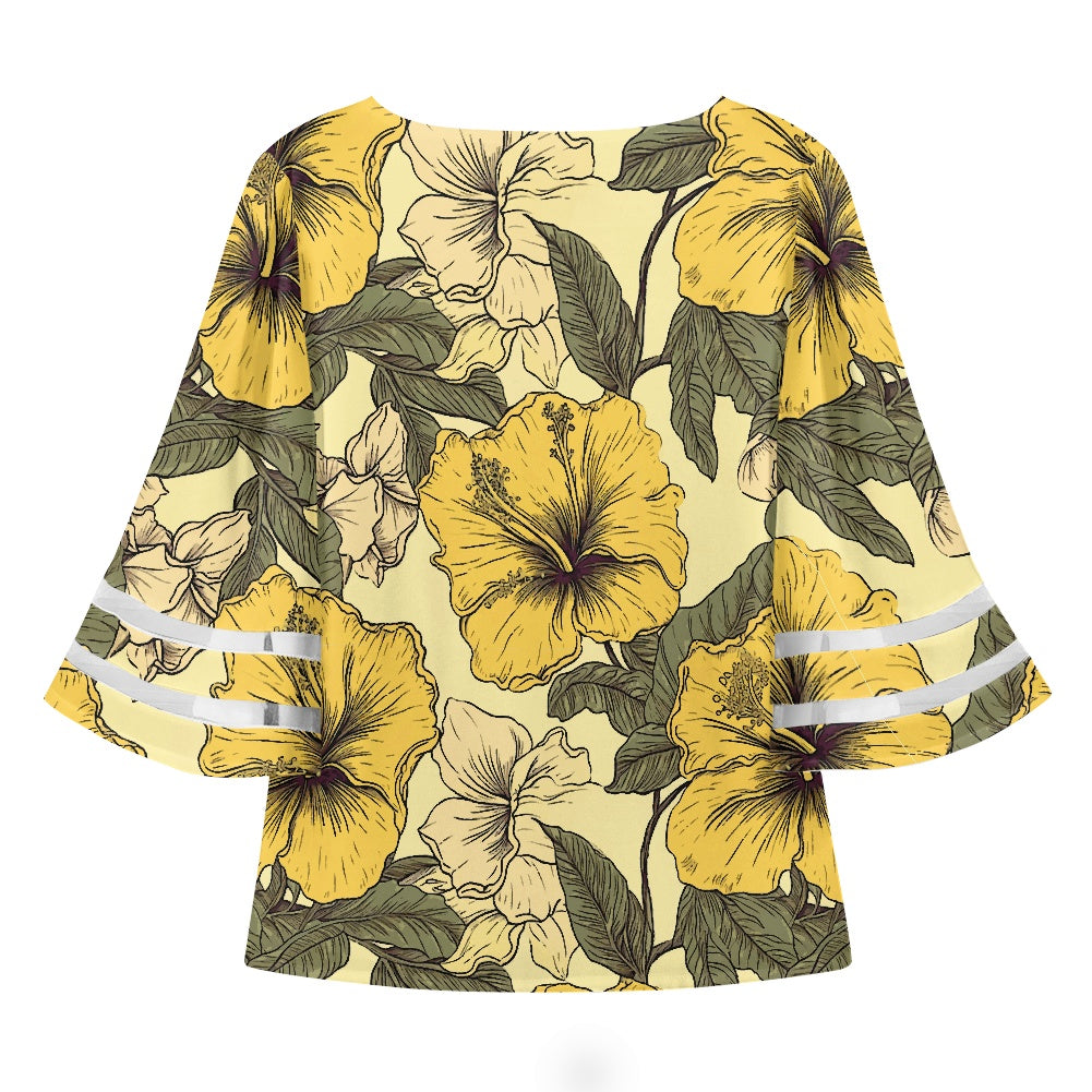 Yellow Hibiscus Women Puff Sleeve Blouse