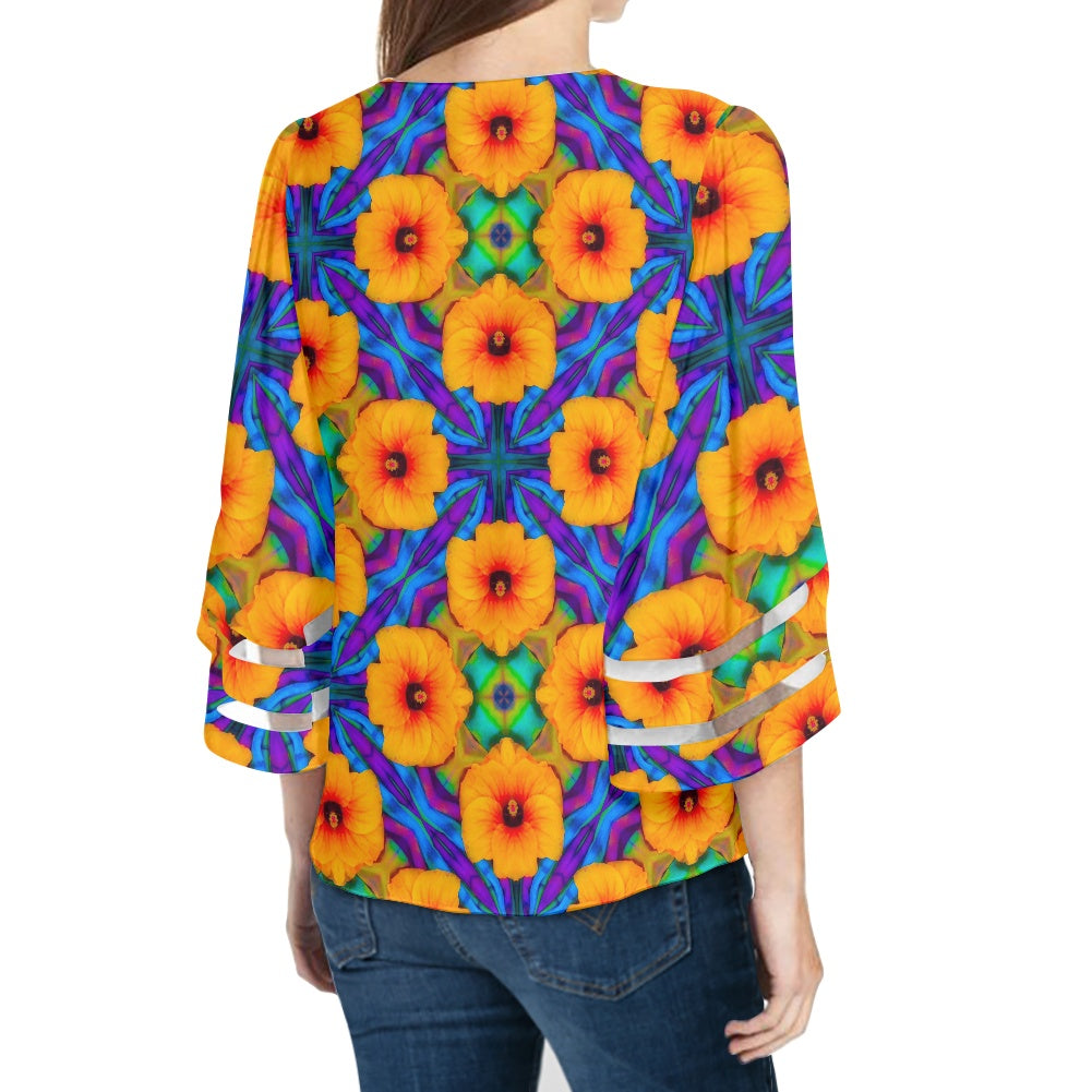 Hibiscus Array Women Puff Sleeve Blouse