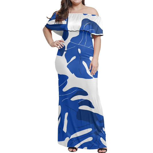 Elegant Off-Shoulder Maxi Dress, Blue White Tropical Pattern, Summer Evening Wear, Luxtrini Fashion, Women's Flowy Long Dress