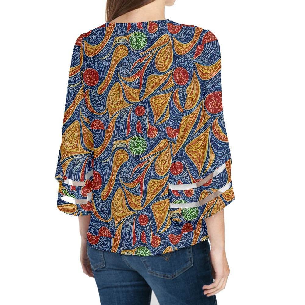 Abstract Women Puff Sleeve Blouse