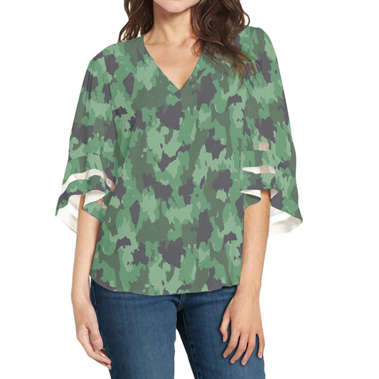 Green Camo Women Puff Sleeve Blouse white