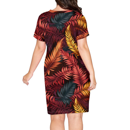 Red and Gold Fern Short Sleeve Dress