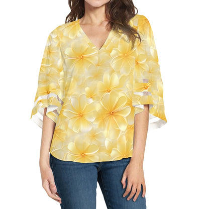 Gold Plumeria Women Puff Sleeve Blouse white