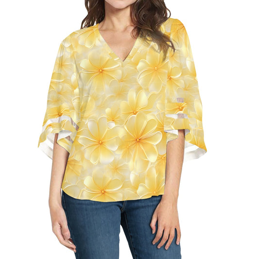 Gold Plumeria Women Puff Sleeve Blouse white