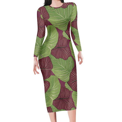 Kalo on Maroon All-Over Print Women's Long Sleeve Midi Dress