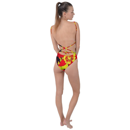 Red and Yellow Hibiscus Tie Strap One Piece Swimsuit - Luxtrini, LLC