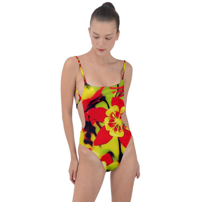 Red and Yellow Hibiscus Tie Strap One Piece Swimsuit - Luxtrini, LLC