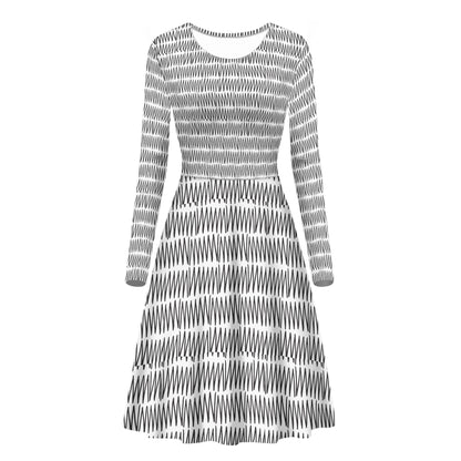 Scoop Neck Long Sleeve Ruffle Dress - African Mudcloth #19 Black and White - Luxtrini, LLC