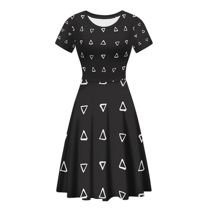 Women Scoop Neck Ruffle Dress - African Mudcloth #19 Black and White - Luxtrini, LLC