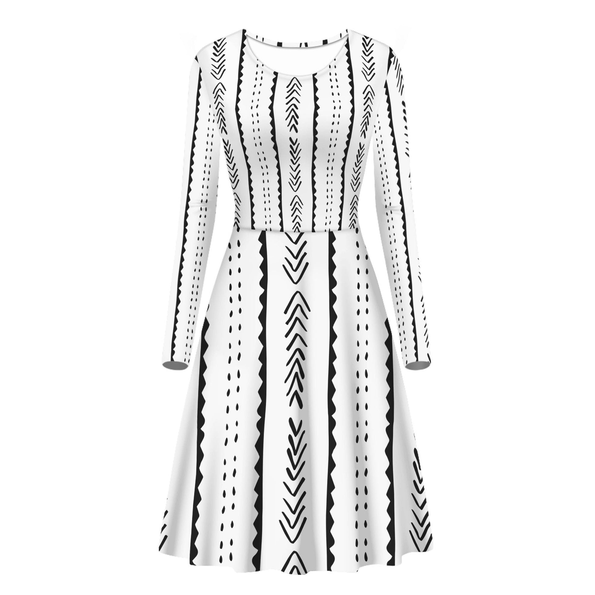 Scoop Neck Long Sleeve Ruffle Dress - African Mudcloth #20 White and Black - Luxtrini, LLC