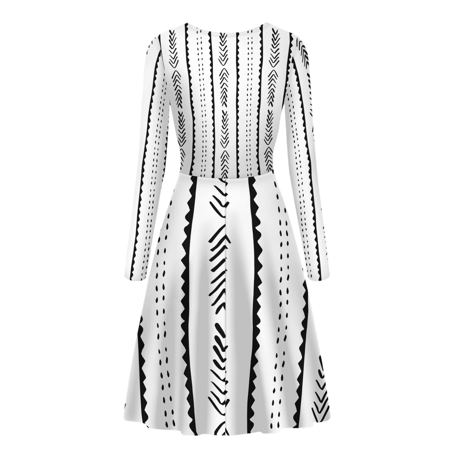 Scoop Neck Long Sleeve Ruffle Dress - African Mudcloth #20 White and Black - Luxtrini, LLC