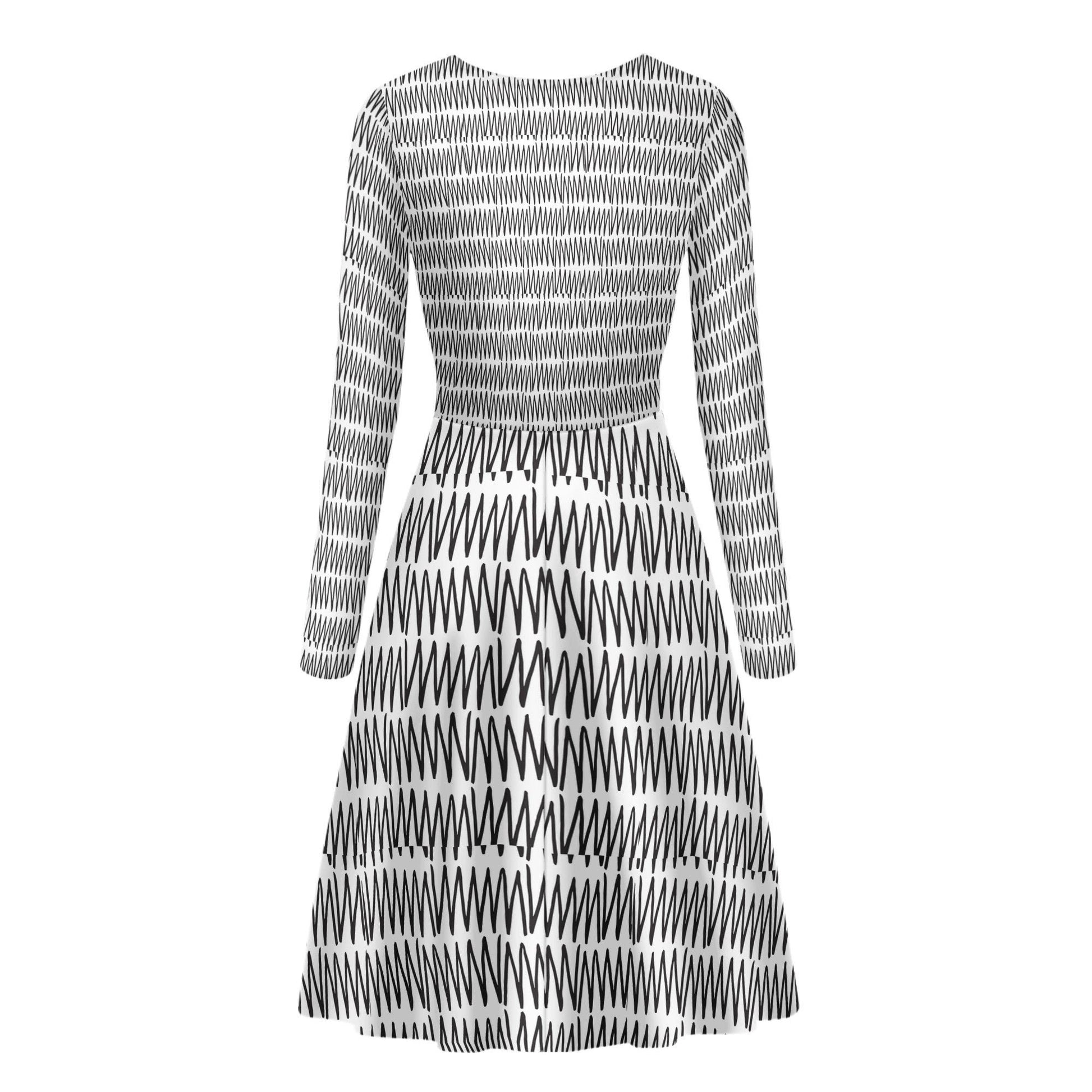 Scoop Neck Long Sleeve Ruffle Dress - African Mudcloth #19 Black and White - Luxtrini, LLC