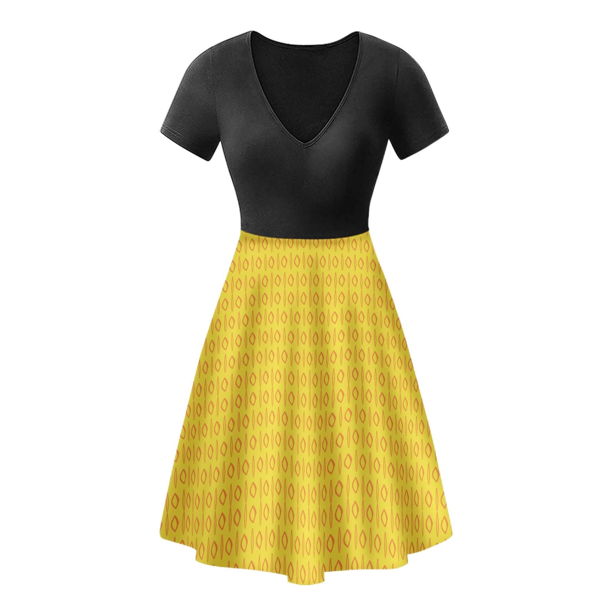 Black Top Yellow Ruffle Bottom Dress - African Mudcloth #14 - Luxtrini, LLC