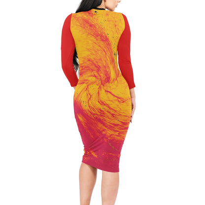 Pele's Fire Red Sleeves Women Bodycon Midi Sheath Dress - Luxtrini, LLC