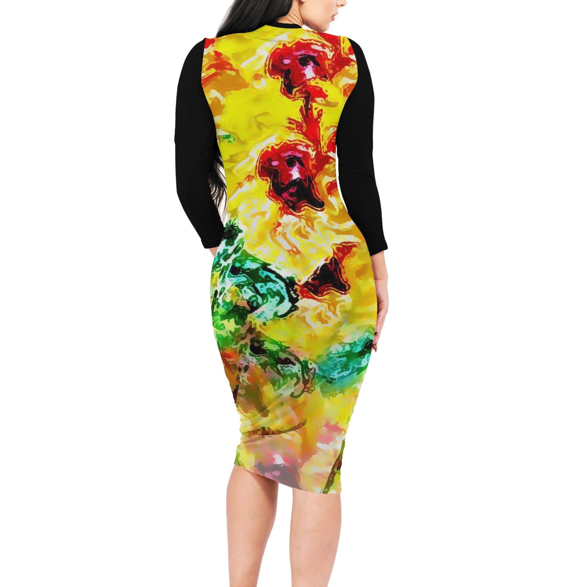 Women Bodycon Midi Sheath Dress - Hibiscus Impressionist - Luxtrini, LLC