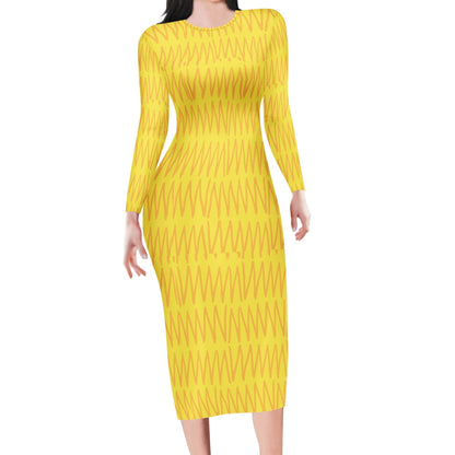 African | Ethnic | Mudcloth | Yellow Women Bodycon Midi Sheath Dress - up to 4XL