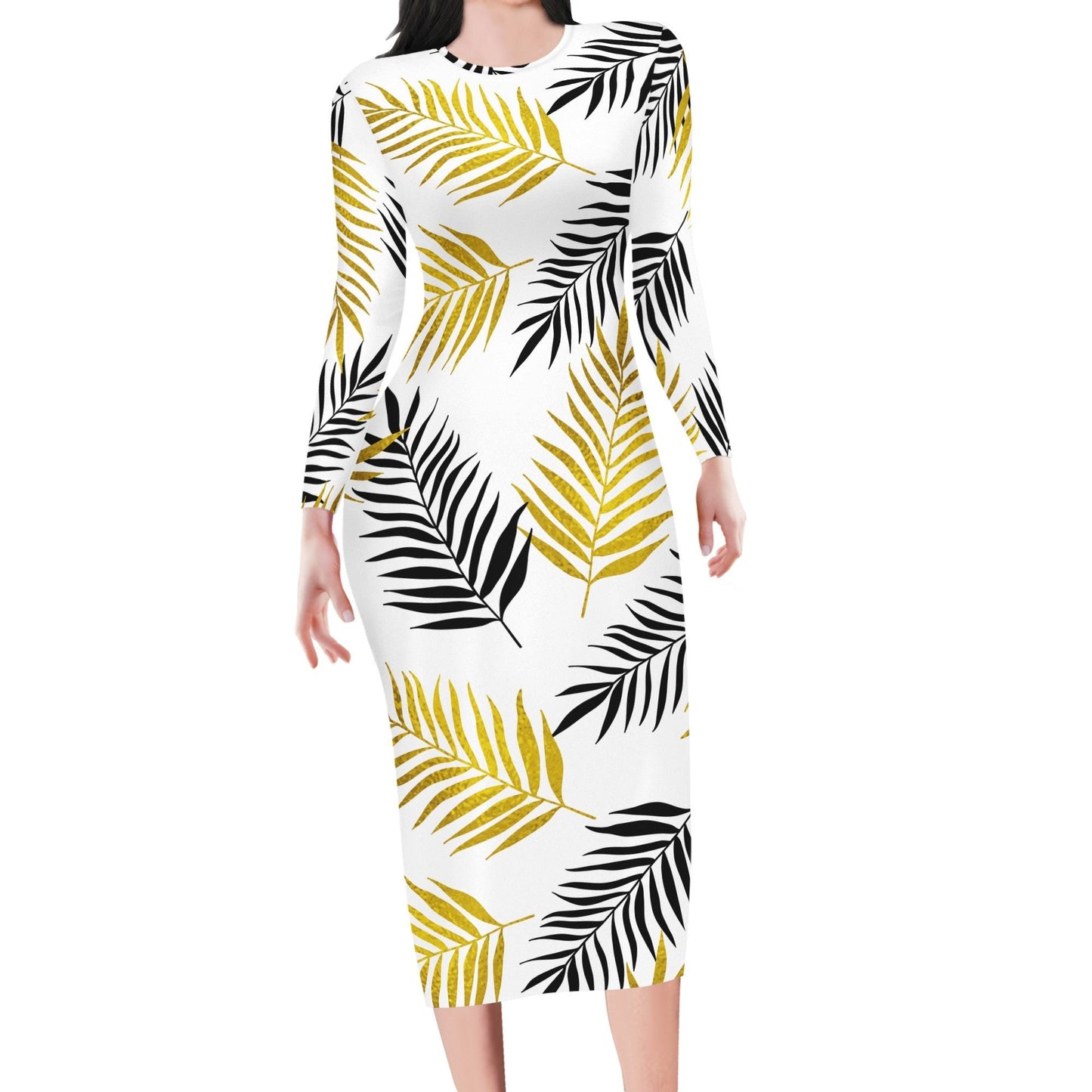 Black and Gold Palm Branches Women Bodycon Midi Sheath Dress - up to 4XL