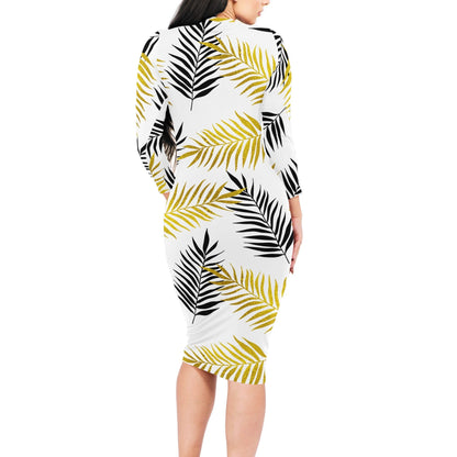 Black and Gold Palm Branches Women Bodycon Midi Sheath Dress - up to 4XL