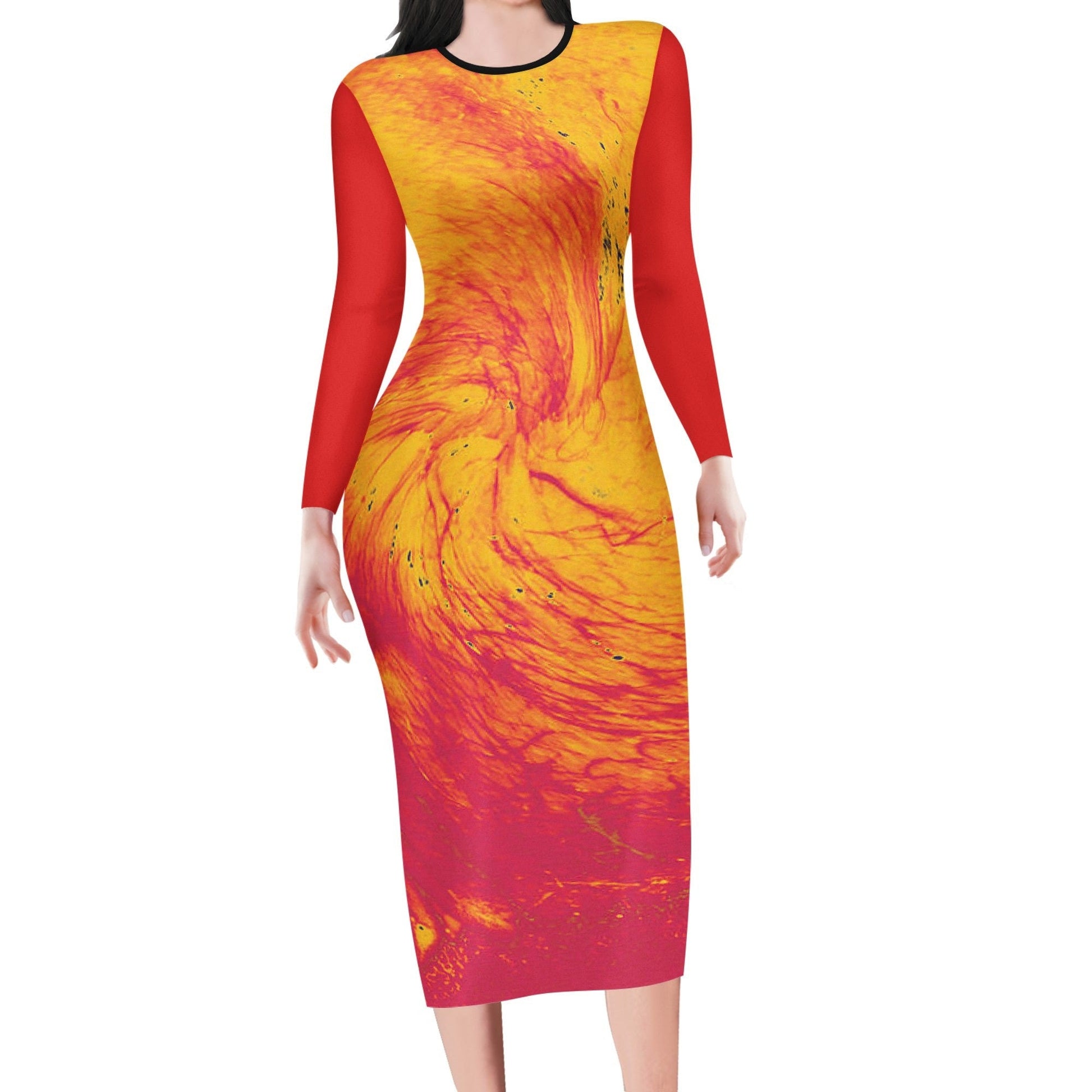 Pele's Fire Red Sleeves Women Bodycon Midi Sheath Dress - Luxtrini, LLC