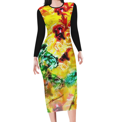 Women Bodycon Midi Sheath Dress - Hibiscus Impressionist - Luxtrini, LLC