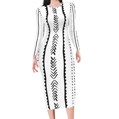 Ethnic Mudcloth White Black Bodycon Midi Sheath Dress Up to 4XL