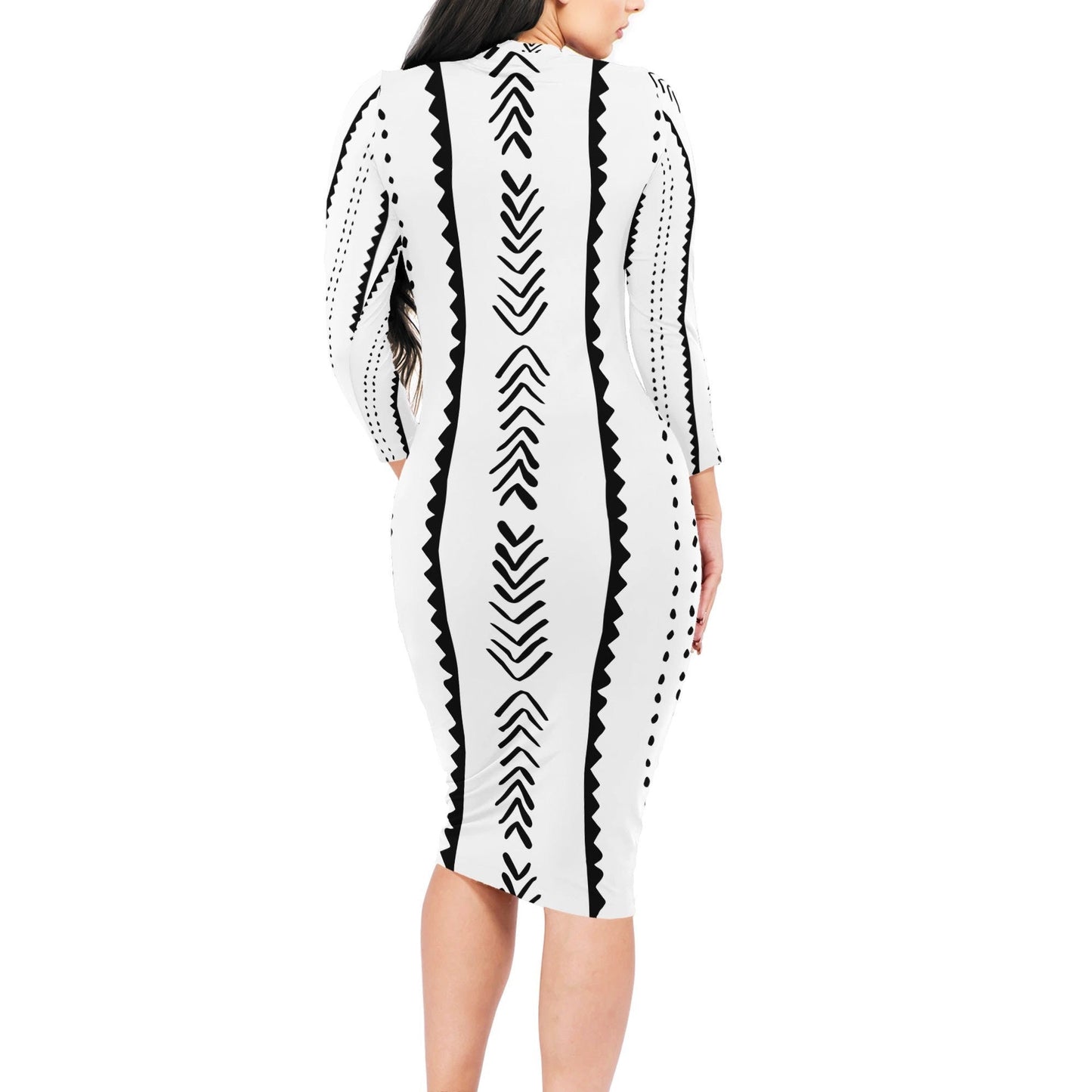 Ethnic Mudcloth White Black Bodycon Midi Sheath Dress Up to 4XL