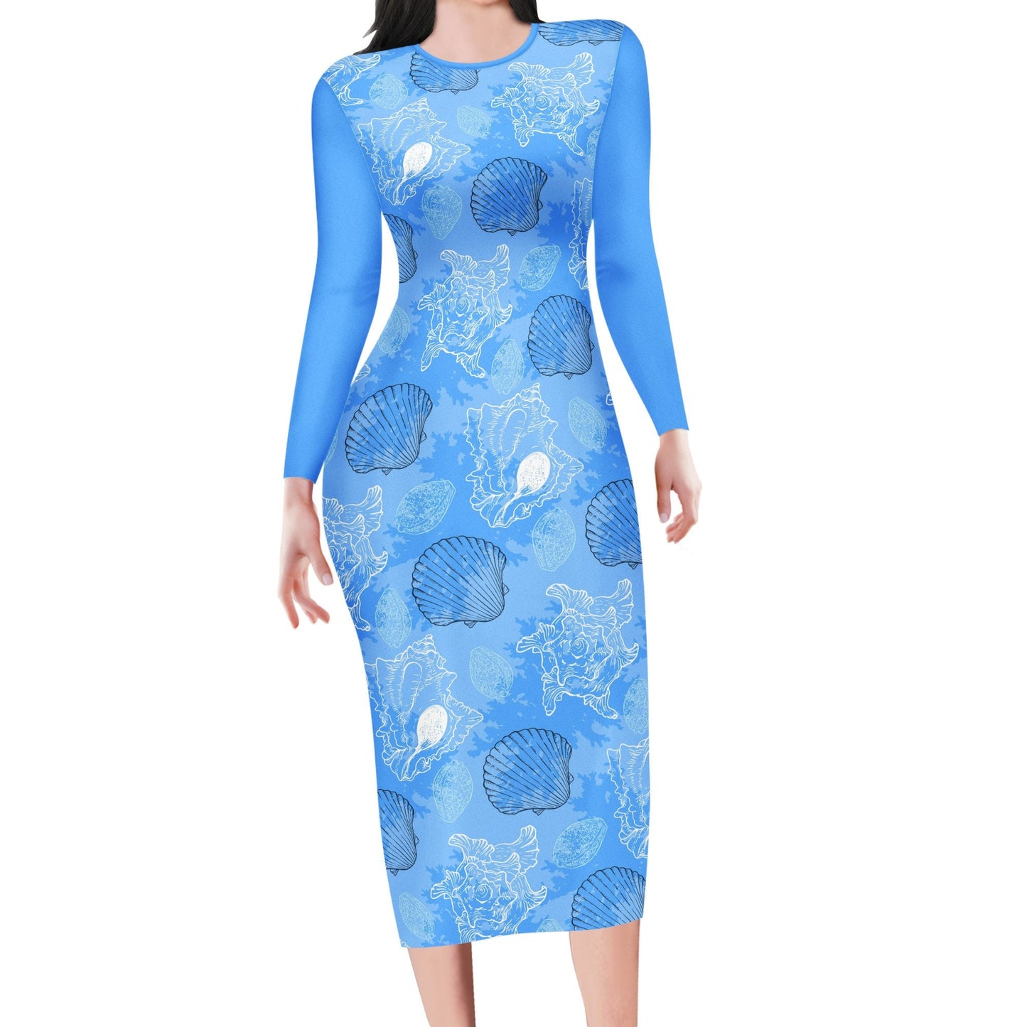 Blue Seashell Ocean Women Bodycon Midi Sheath Dress - up to 4XL