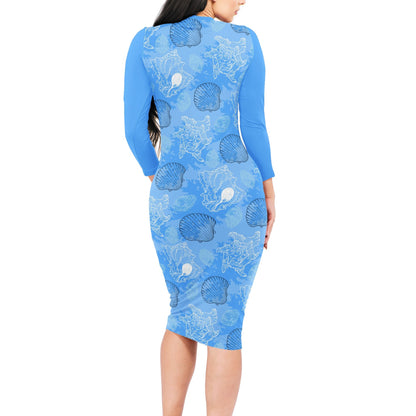 Blue Seashell Ocean Women Bodycon Midi Sheath Dress - up to 4XL