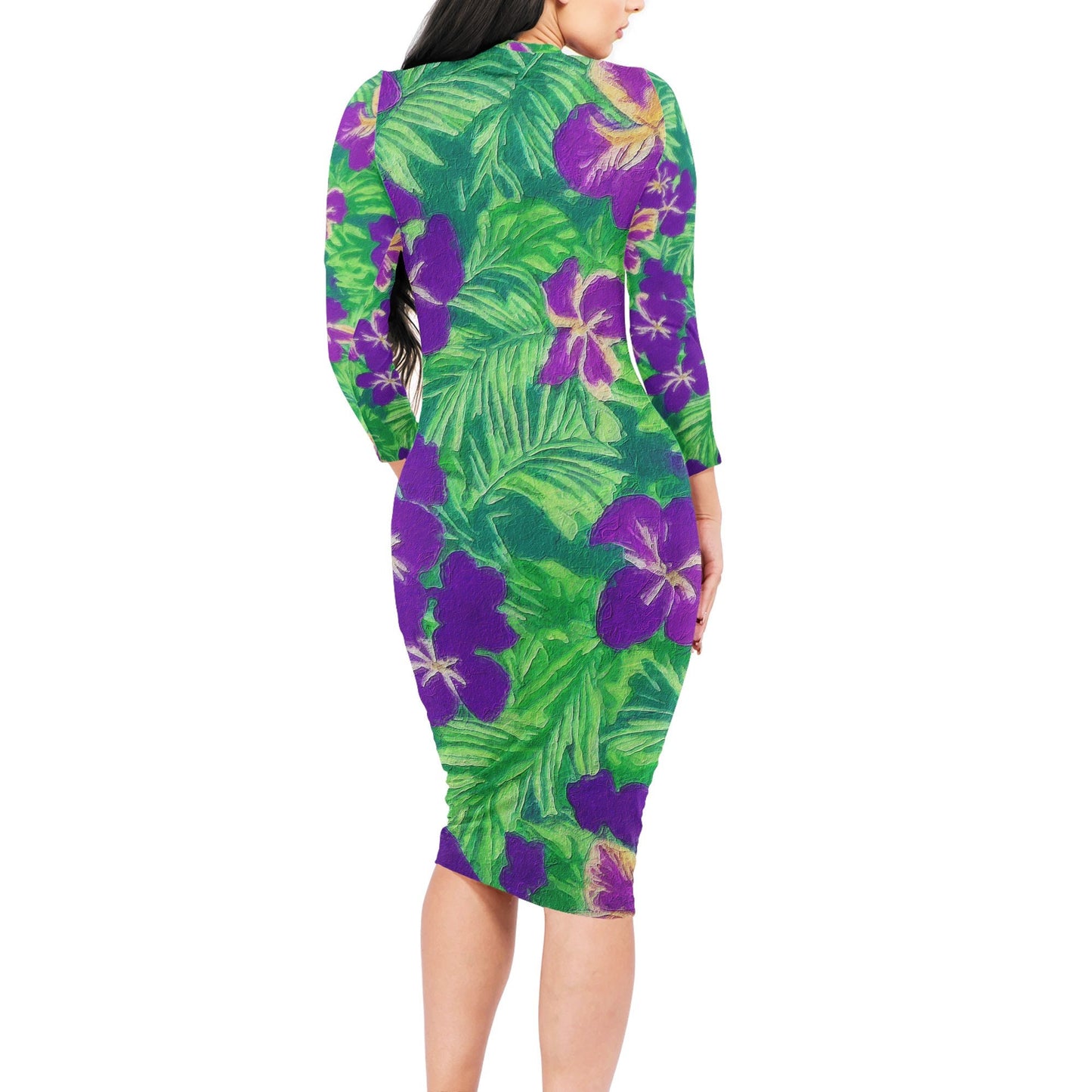 Blue Flag Iris on Green Women Bodycon Midi Sheath Dress - up to 4XL