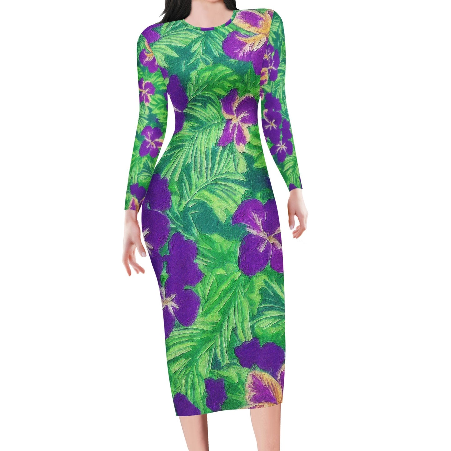 Blue Flag Iris on Green Women Bodycon Midi Sheath Dress - up to 4XL