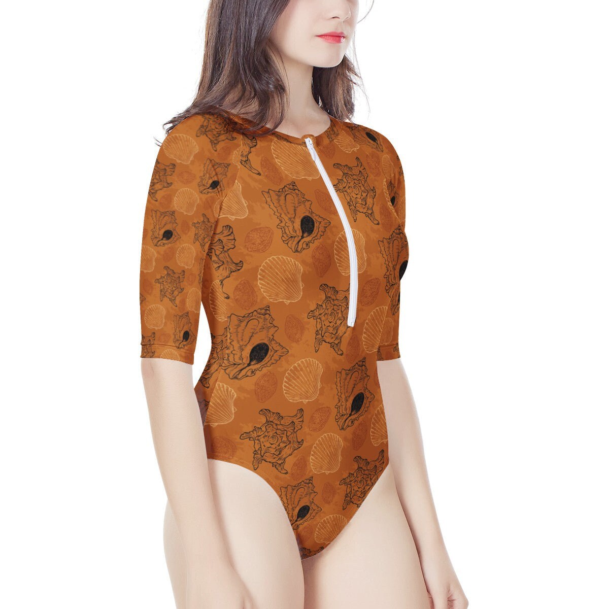 Sea Shell Ocean Design in Orange Women's Long Sleeve One Piece Swimsuit
